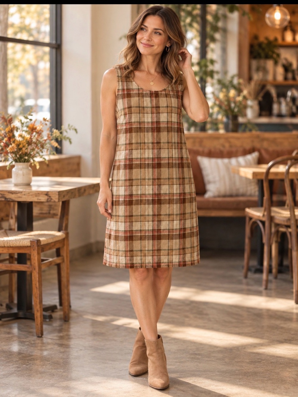 Talbots Petite Plaid Shift Dress in Beige and Cream size 12 P